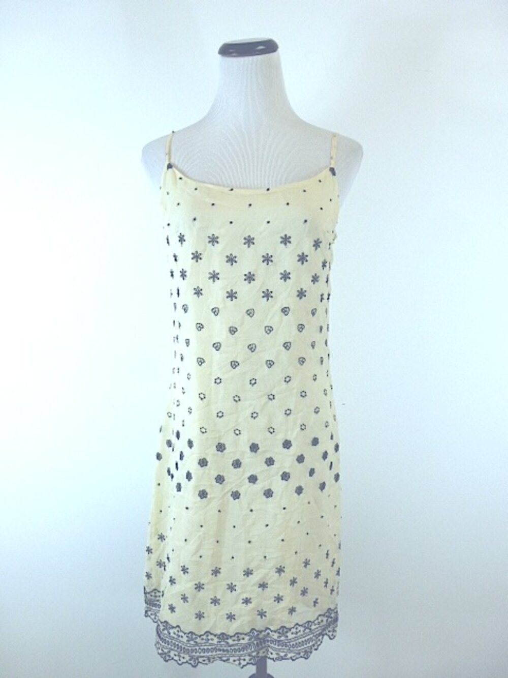 Collette Dinnigan cream black silk embroidered lace spaghetti strap slip dress S